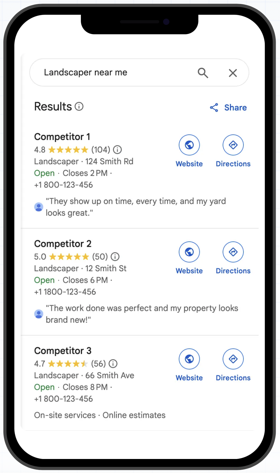 Mobile search results showing local business listings with ratings, contact information, and customer reviews